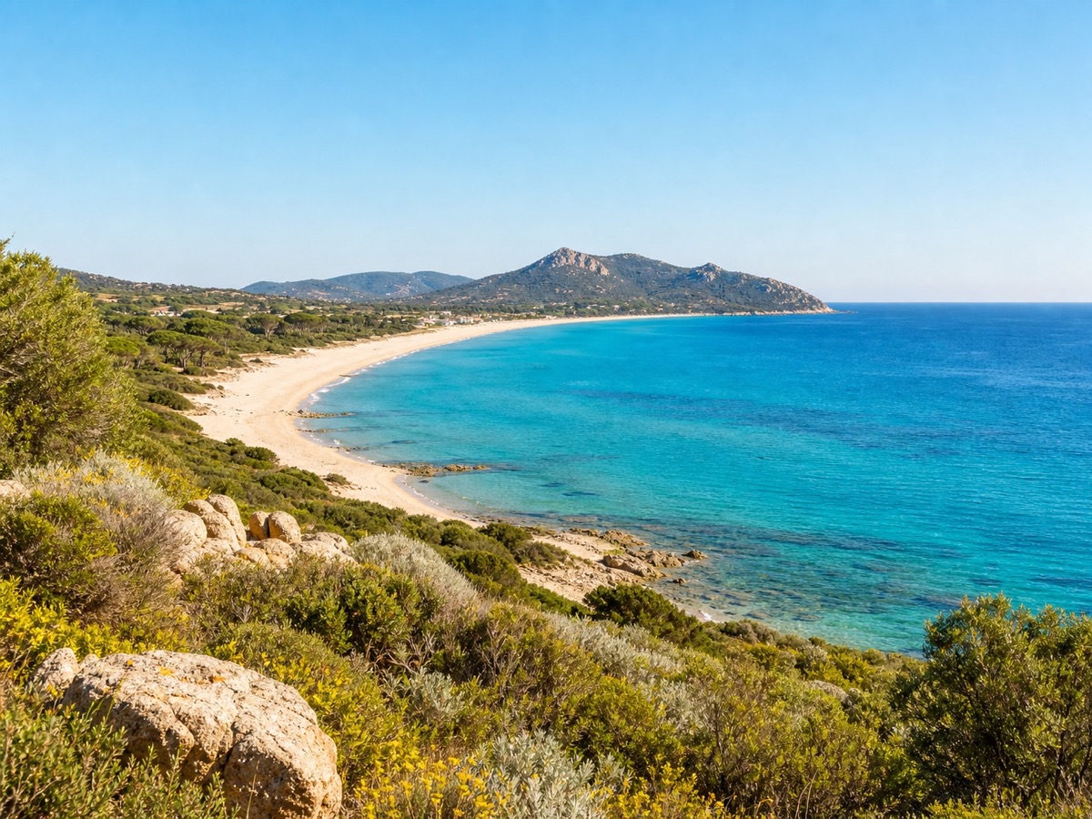 Blick ueber Strand, Meer und mediterrane Huegel bei Costa Rei